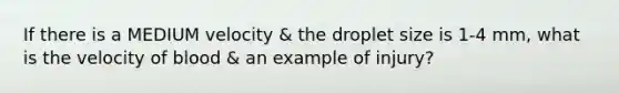 If there is a MEDIUM velocity & the droplet size is 1-4 mm, what is the velocity of blood & an example of injury?