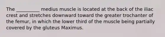 The __________ medius muscle is located at the back of the iliac crest and stretches downward toward the greater trochanter of the femur, in which the lower third of the muscle being partially covered by the gluteus Maximus.