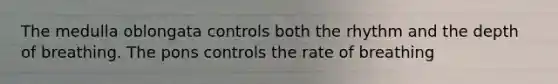 The medulla oblongata controls both the rhythm and the depth of breathing. The pons controls the rate of breathing