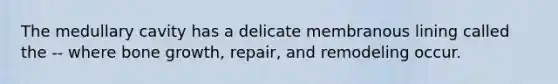 The medullary cavity has a delicate membranous lining called the -- where bone growth, repair, and remodeling occur.