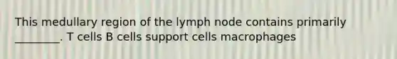 This medullary region of the lymph node contains primarily ________. T cells B cells support cells macrophages