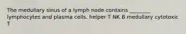 The medullary sinus of a lymph node contains ________ lymphocytes and plasma cells. helper T NK B medullary cytotoxic T