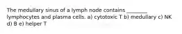 The medullary sinus of a lymph node contains ________ lymphocytes and plasma cells. a) cytotoxic T b) medullary c) NK d) B e) helper T