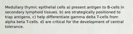 Medullary thymic epithelial cells a) present antigen to B-cells in secondary lymphoid tissues. b) are strategically positioned to trap antigens. c) help differentiate gamma delta T-cells from alpha beta T-cells. d) are critical for the development of central tolerance.