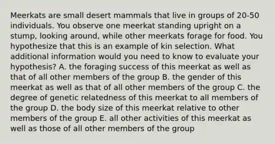 Meerkats are small desert mammals that live in groups of 20-50 individuals. You observe one meerkat standing upright on a stump, looking around, while other meerkats forage for food. You hypothesize that this is an example of kin selection. What additional information would you need to know to evaluate your hypothesis? A. the foraging success of this meerkat as well as that of all other members of the group B. the gender of this meerkat as well as that of all other members of the group C. the degree of genetic relatedness of this meerkat to all members of the group D. the body size of this meerkat relative to other members of the group E. all other activities of this meerkat as well as those of all other members of the group