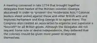 A meeting convened in late 1774 that brought together delegates from twelve of the thirteen colonies (Georgia abstained) in order to *protest* the *Intolerable Acts.* Colonial leaders stood united against these and other British acts and implored Parliament and King George III to repeal them. The Congress also created an association to organize and supervise a *boycott* on all British goods. Although the delegates did not request home rule or desire independence, they believed that the colonies should be given more power to legislate themselves.