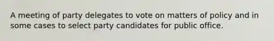 A meeting of party delegates to vote on matters of policy and in some cases to select party candidates for public office.