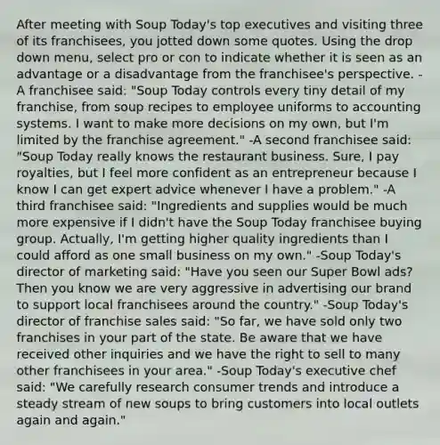 After meeting with Soup Today's top executives and visiting three of its franchisees, you jotted down some quotes. Using the drop down menu, select pro or con to indicate whether it is seen as an advantage or a disadvantage from the franchisee's perspective. -A franchisee said: "Soup Today controls every tiny detail of my franchise, from soup recipes to employee uniforms to accounting systems. I want to make more decisions on my own, but I'm limited by the franchise agreement." -A second franchisee said: "Soup Today really knows the restaurant business. Sure, I pay royalties, but I feel more confident as an entrepreneur because I know I can get expert advice whenever I have a problem." -A third franchisee said: "Ingredients and supplies would be much more expensive if I didn't have the Soup Today franchisee buying group. Actually, I'm getting higher quality ingredients than I could afford as one small business on my own." -Soup Today's director of marketing said: "Have you seen our Super Bowl ads? Then you know we are very aggressive in advertising our brand to support local franchisees around the country." -Soup Today's director of franchise sales said: "So far, we have sold only two franchises in your part of the state. Be aware that we have received other inquiries and we have the right to sell to many other franchisees in your area." -Soup Today's executive chef said: "We carefully research consumer trends and introduce a steady stream of new soups to bring customers into local outlets again and again."