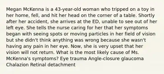 Megan McKenna is a 43-year-old woman who tripped on a toy in her home, fell, and hit her head on the corner of a table. Shortly after her accident, she arrives at the ED, unable to see out of her left eye. She tells the nurse caring for her that her symptoms began with seeing spots or moving particles in her field of vision but she didn't think anything was wrong because she wasn't having any pain in her eye. Now, she is very upset that her vision will not return. What is the most likely cause of Ms. McKenna's symptoms? Eye trauma Angle-closure glaucoma Chalazion Retinal detachment