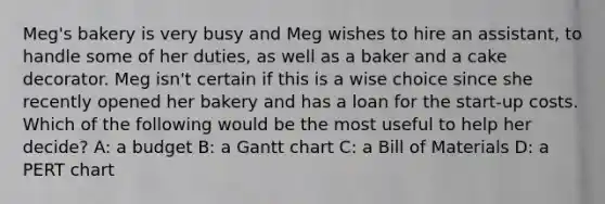 Meg's bakery is very busy and Meg wishes to hire an assistant, to handle some of her duties, as well as a baker and a cake decorator. Meg isn't certain if this is a wise choice since she recently opened her bakery and has a loan for the start-up costs. Which of the following would be the most useful to help her decide? A: a budget B: a Gantt chart C: a Bill of Materials D: a PERT chart