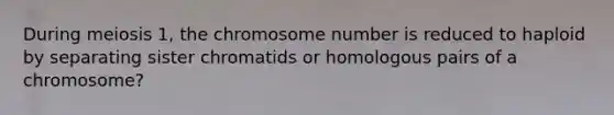 During meiosis 1, the chromosome number is reduced to haploid by separating sister chromatids or homologous pairs of a chromosome?