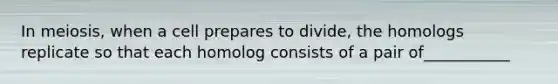 In meiosis, when a cell prepares to divide, the homologs replicate so that each homolog consists of a pair of___________