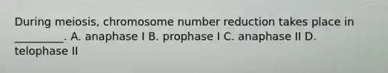During meiosis, chromosome number reduction takes place in _________. A. anaphase I B. prophase I C. anaphase II D. telophase II