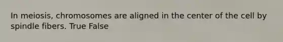 In meiosis, chromosomes are aligned in the center of the cell by spindle fibers. True False