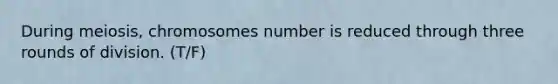 During meiosis, chromosomes number is reduced through three rounds of division. (T/F)