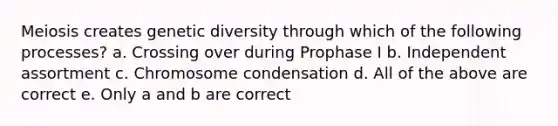 Meiosis creates genetic diversity through which of the following processes? a. Crossing over during Prophase I b. Independent assortment c. Chromosome condensation d. All of the above are correct e. Only a and b are correct