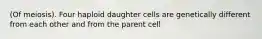 (Of meiosis). Four haploid daughter cells are genetically different from each other and from the parent cell