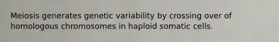 Meiosis generates genetic variability by crossing over of homologous chromosomes in haploid somatic cells.