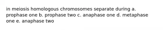 in meiosis homologous chromosomes separate during a. prophase one b. prophase two c. anaphase one d. metaphase one e. anaphase two