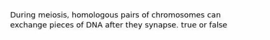 During meiosis, homologous pairs of chromosomes can exchange pieces of DNA after they synapse. true or false