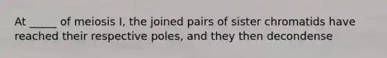 At _____ of meiosis I, the joined pairs of sister chromatids have reached their respective poles, and they then decondense