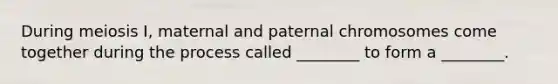 During meiosis I, maternal and paternal chromosomes come together during the process called ________ to form a ________.