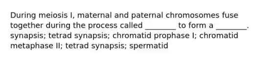 During meiosis I, maternal and paternal chromosomes fuse together during the process called ________ to form a ________. synapsis; tetrad synapsis; chromatid prophase I; chromatid metaphase II; tetrad synapsis; spermatid