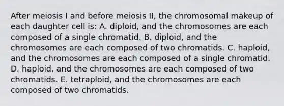 After meiosis I and before meiosis II, the chromosomal makeup of each daughter cell is: A. diploid, and the chromosomes are each composed of a single chromatid. B. diploid, and the chromosomes are each composed of two chromatids. C. haploid, and the chromosomes are each composed of a single chromatid. D. haploid, and the chromosomes are each composed of two chromatids. E. tetraploid, and the chromosomes are each composed of two chromatids.