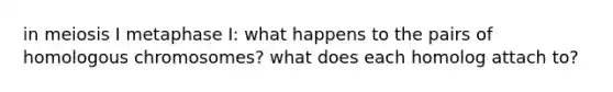 in meiosis I metaphase I: what happens to the pairs of homologous chromosomes? what does each homolog attach to?