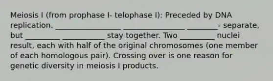 Meiosis I (from prophase I- telophase I): Preceded by DNA replication. _________________ ________________ ________- separate, but _________ ___________ stay together. Two _________ nuclei result, each with half of the original chromosomes (one member of each homologous pair). Crossing over is one reason for genetic diversity in meiosis I products.