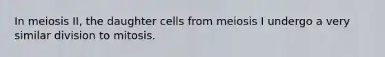 In meiosis II, the daughter cells from meiosis I undergo a very similar division to mitosis.