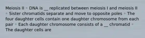 Meiosis II ◦ DNA is __ replicated between meiosis I and meiosis II ◦ Sister chromatids separate and move to opposite poles ◦ The four daughter cells contain one daughter chromosome from each pair ◦ Each daughter chromosome consists of a __ chromatid ◦ The daughter cells are