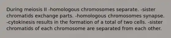 During meiosis II -homologous chromosomes separate. -sister chromatids exchange parts. -homologous chromosomes synapse. -cytokinesis results in the formation of a total of two cells. -sister chromatids of each chromosome are separated from each other.