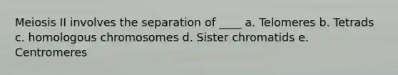 Meiosis II involves the separation of ____ a. Telomeres b. Tetrads c. homologous chromosomes d. Sister chromatids e. Centromeres