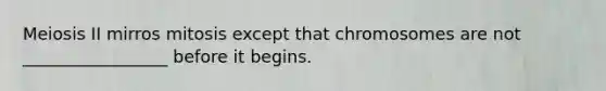 Meiosis II mirros mitosis except that chromosomes are not _________________ before it begins.