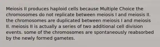 Meiosis II produces haploid cells because Multiple Choice the chromosomes do not replicate between meiosis I and meiosis II. the chromosomes are duplicated between meiosis I and meiosis II. meiosis II is actually a series of two additional cell division events. some of the chromosomes are spontaneously reabsorbed by the newly formed gametes.