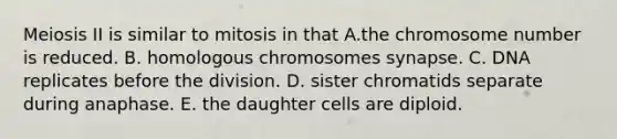 Meiosis II is similar to mitosis in that A.the chromosome number is reduced. B. homologous chromosomes synapse. C. DNA replicates before the division. D. sister chromatids separate during anaphase. E. the daughter cells are diploid.