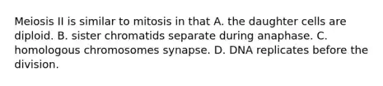 Meiosis II is similar to mitosis in that A. the daughter cells are diploid. B. sister chromatids separate during anaphase. C. homologous chromosomes synapse. D. DNA replicates before the division.