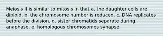 Meiosis II is similar to mitosis in that a. the daughter cells are diploid. b. the chromosome number is reduced. c. DNA replicates before the division. d. sister chromatids separate during anaphase. e. homologous chromosomes synapse.