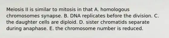 Meiosis II is similar to mitosis in that A. homologous chromosomes synapse. B. DNA replicates before the division. C. the daughter cells are diploid. D. sister chromatids separate during anaphase. E. the chromosome number is reduced.