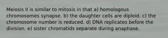 Meiosis II is similar to mitosis in that a) homologous chromosomes synapse. b) the daughter cells are diploid. c) the chromosome number is reduced. d) DNA replicates before the division. e) sister chromatids separate during anaphase.