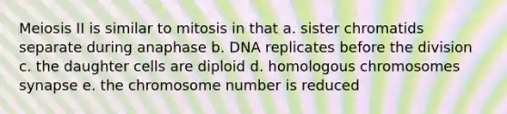 Meiosis II is similar to mitosis in that a. sister chromatids separate during anaphase b. DNA replicates before the division c. the daughter cells are diploid d. homologous chromosomes synapse e. the chromosome number is reduced