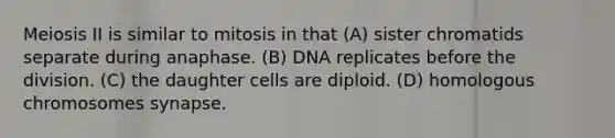 Meiosis II is similar to mitosis in that (A) sister chromatids separate during anaphase. (B) DNA replicates before the division. (C) the daughter cells are diploid. (D) homologous chromosomes synapse.