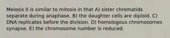 Meiosis II is similar to mitosis in that A) sister chromatids separate during anaphase. B) the daughter cells are diploid. C) DNA replicates before the division. D) homologous chromosomes synapse. E) the chromosome number is reduced.