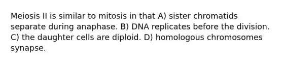 Meiosis II is similar to mitosis in that A) sister chromatids separate during anaphase. B) DNA replicates before the division. C) the daughter cells are diploid. D) homologous chromosomes synapse.