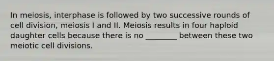 In meiosis, interphase is followed by two successive rounds of <a href='https://www.questionai.com/knowledge/kjHVAH8Me4-cell-division' class='anchor-knowledge'>cell division</a>, meiosis I and II. Meiosis results in four haploid daughter cells because there is no ________ between these two meiotic cell divisions.