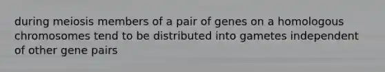 during meiosis members of a pair of genes on a homologous chromosomes tend to be distributed into gametes independent of other gene pairs