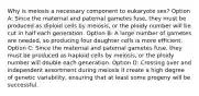 Why is meiosis a necessary component to eukaryote sex? Option A: Since the maternal and paternal gametes fuse, they must be produced as diploid cells by meiosis, or the ploidy number will be cut in half each generation. Option B: A large number of gametes are needed, so producing four daughter cells is more efficient. Option C: Since the maternal and paternal gametes fuse, they must be produced as haploid cells by meiosis, or the ploidy number will double each generation. Option D: Crossing over and independent assortment during meiosis II create a high degree of genetic variability, ensuring that at least some progeny will be successful.