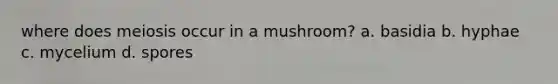 where does meiosis occur in a mushroom? a. basidia b. hyphae c. mycelium d. spores