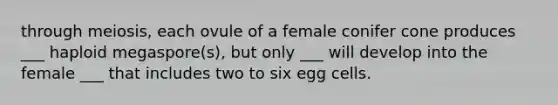 through meiosis, each ovule of a female conifer cone produces ___ haploid megaspore(s), but only ___ will develop into the female ___ that includes two to six egg cells.